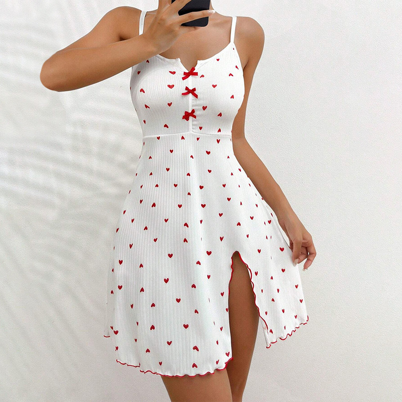 Women Heart-Print Slit Strap Nightdress Sleepwear Outdoor Wear