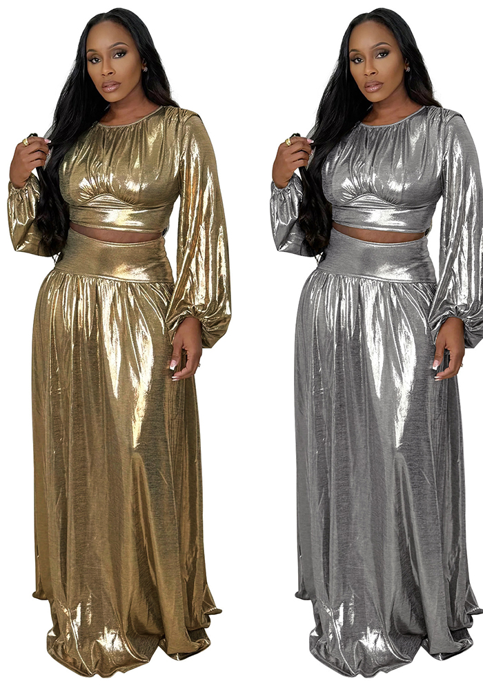 Women Round-Neck Lantern-Sleeve Slim-Waist Flared Skirt Set