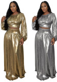 Women Round-Neck Lantern-Sleeve Slim-Waist Flared Skirt Set