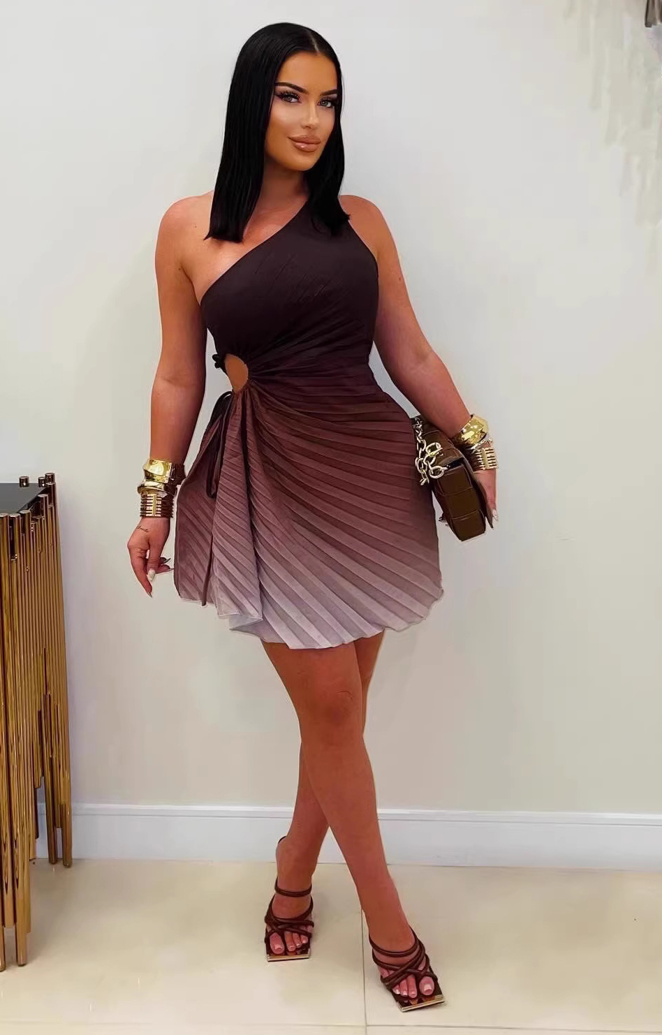 Women Fashion Sexy Solid Sleeveless Slash-Shoulder Cutout Pleated Mini Dress