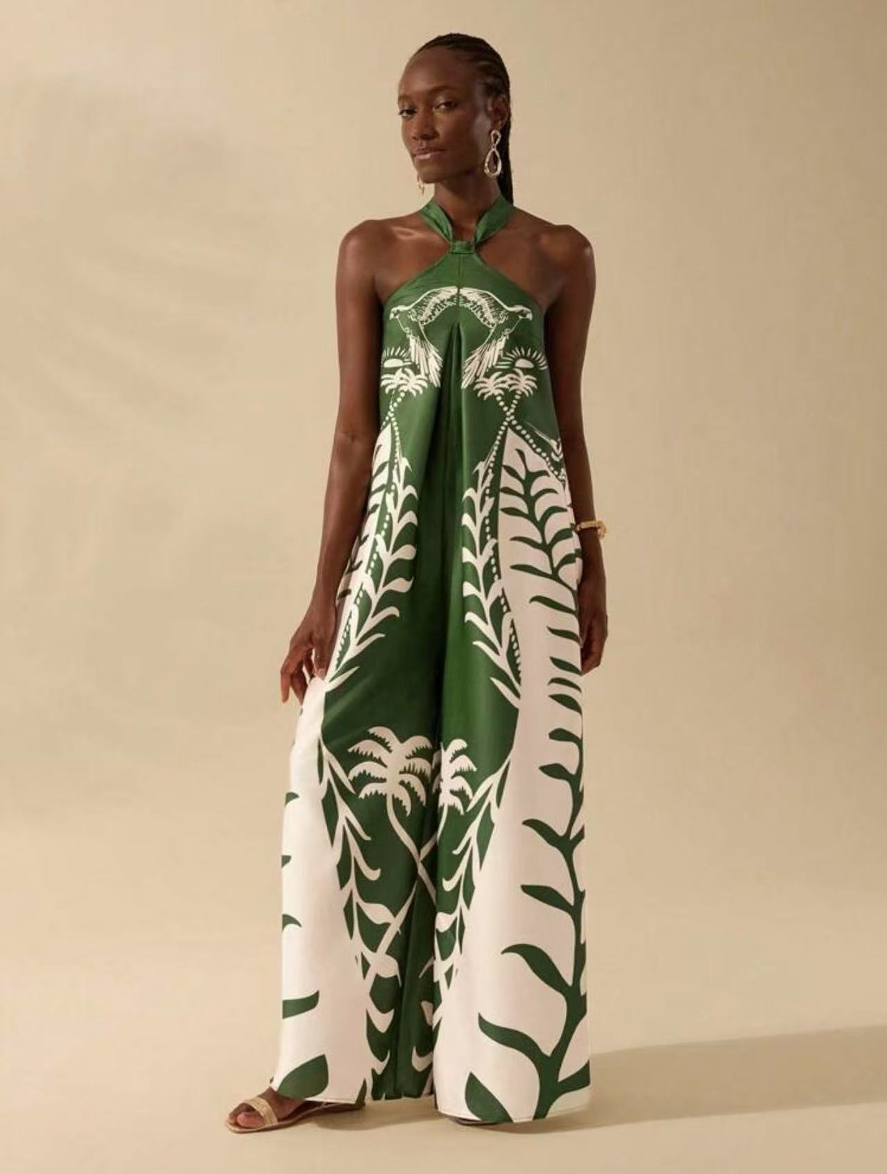 Women Printed Chic Halter Neck Sleeveless Wide-Leg Jumpsuit