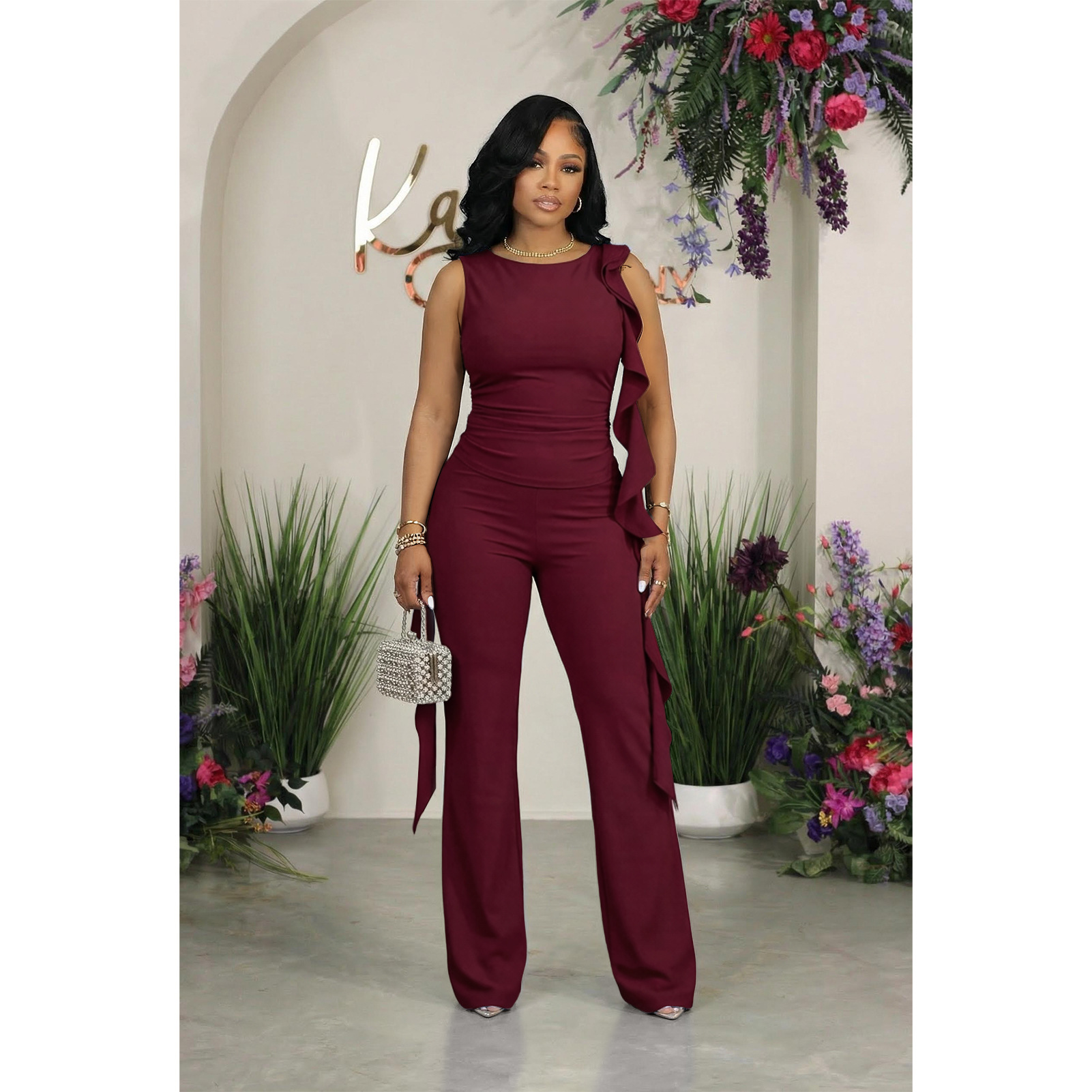 Lace-Up Ruffle Ruched Tank & Bell-Bottom Pants Set
