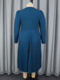 Plus Size Women Navy V-Neck Long-Sleeve Slim-Waist Ruffle Pleated Dress