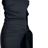 Women Lace-Up Ruffle-Edge Ruched Tank with Bell-Bottom Pants Set