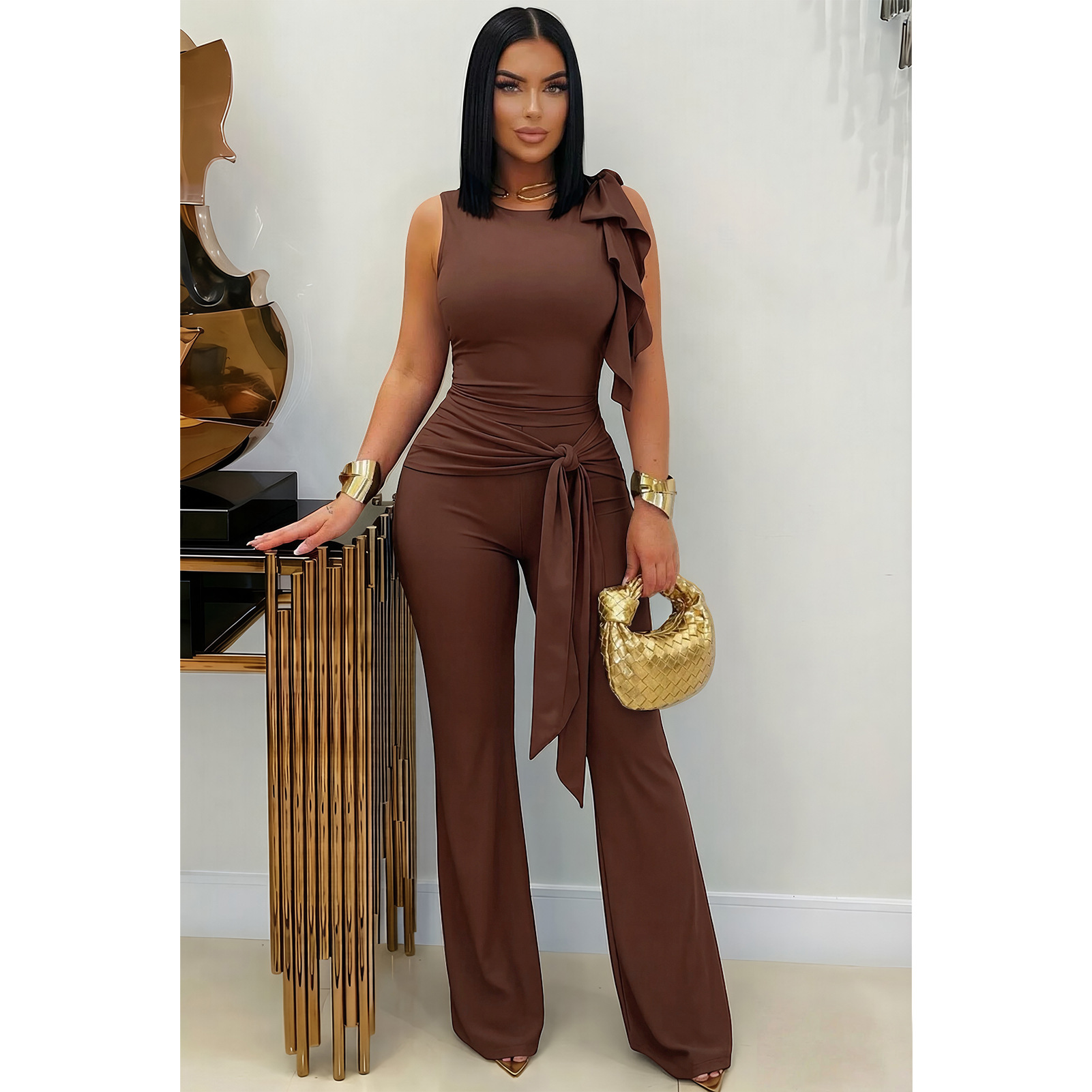 Lace-Up Ruffle Ruched Tank & Bell-Bottom Pants Set