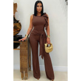 Women Lace-Up Ruffle-Edge Ruched Tank with Bell-Bottom Pants Set