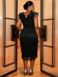 Plus Size Women Ruffle-Sleeve Tassel V-Neck Slim-Waist Bodycon Dress