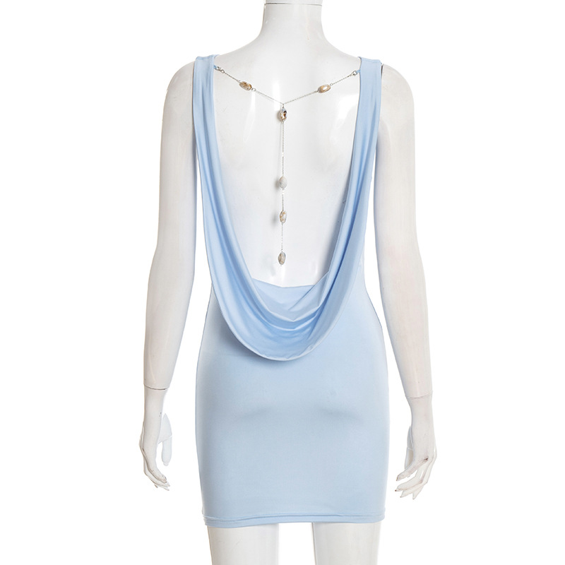 Women Summer Solid Casual Slim Low-Back Chain-Trim Sleeveless Dress