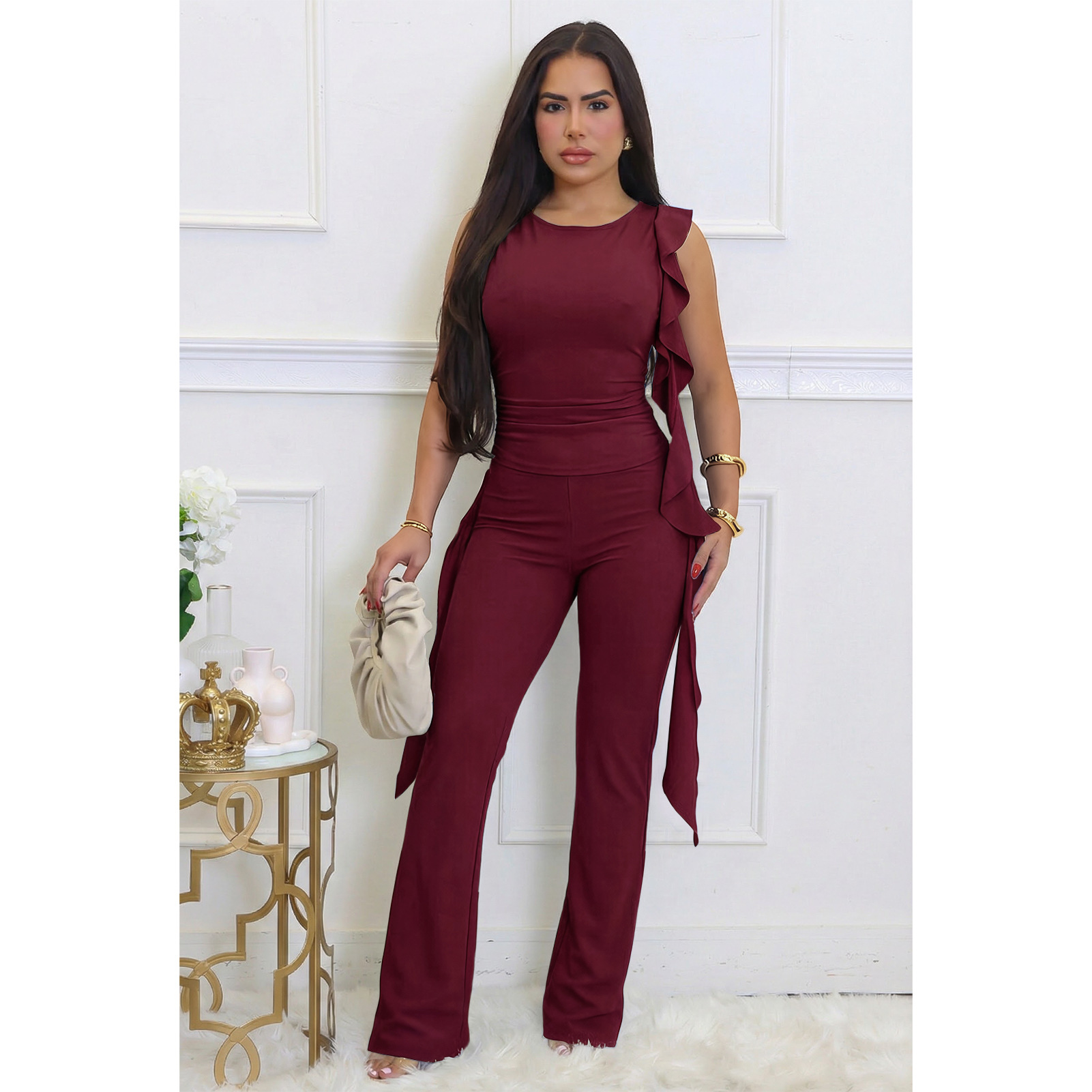 Lace-Up Ruffle Ruched Tank & Bell-Bottom Pants Set