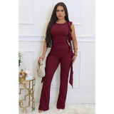 Women Lace-Up Ruffle-Edge Ruched Tank with Bell-Bottom Pants Set