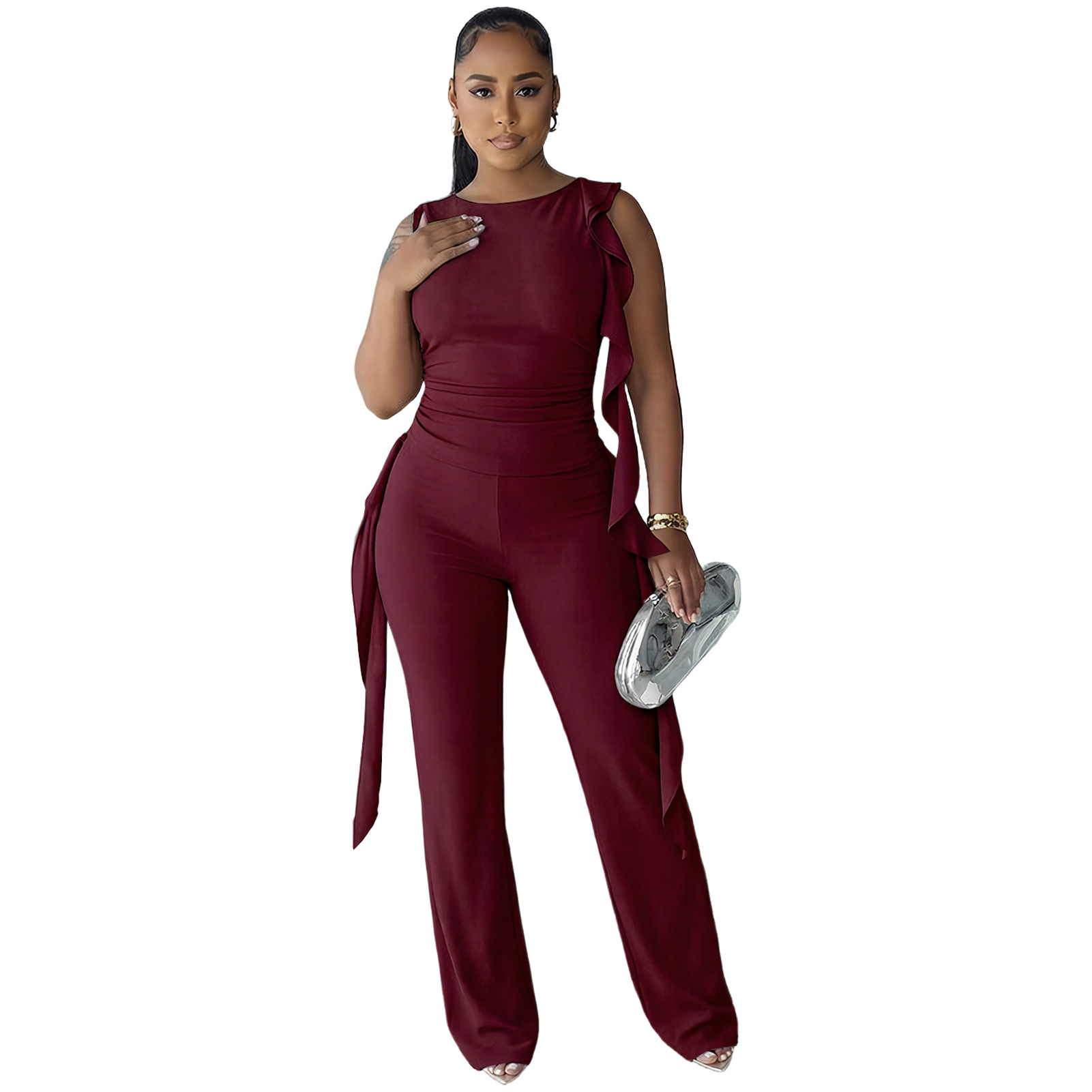 Lace-Up Ruffle Ruched Tank & Bell-Bottom Pants Set