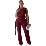 Women Lace-Up Ruffle-Edge Ruched Tank with Bell-Bottom Pants Set