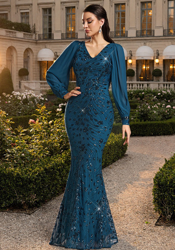 Women Spring/Autumn V-Neck Long-Sleeve Mesh Sequin Mermaid Evening Dress
