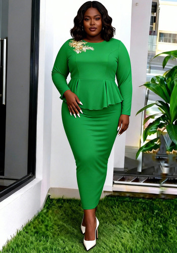 Plus Size Women Ruffle-Trim Embroidered Long-Sleeve Slim-Waist Dress