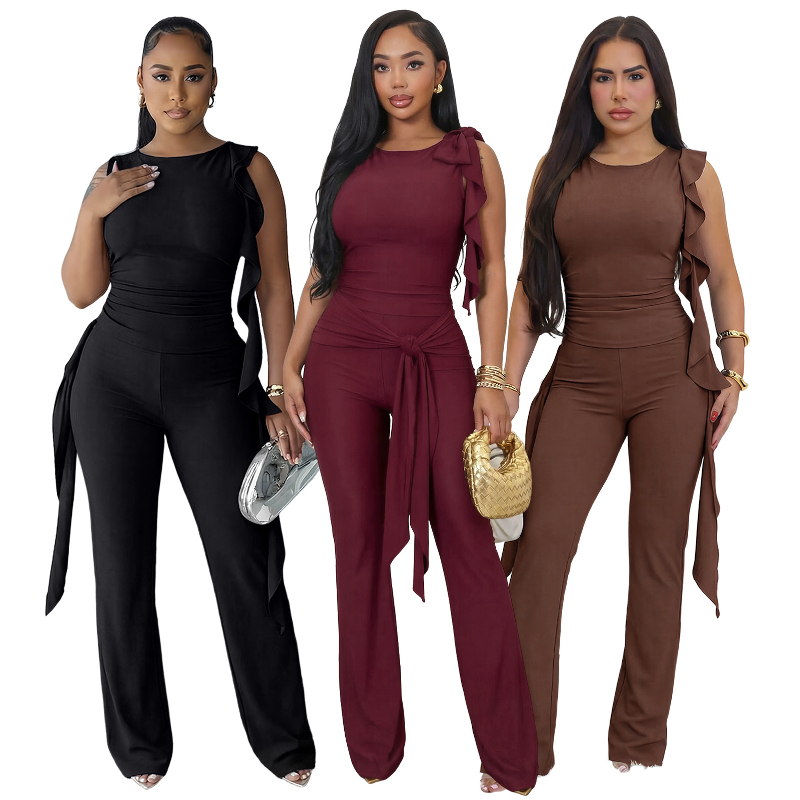 Lace-Up Ruffle Ruched Tank & Bell-Bottom Pants Set