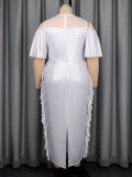 Plus Size Women Ruffle See-Through Slim-Waist Long Chic Dress