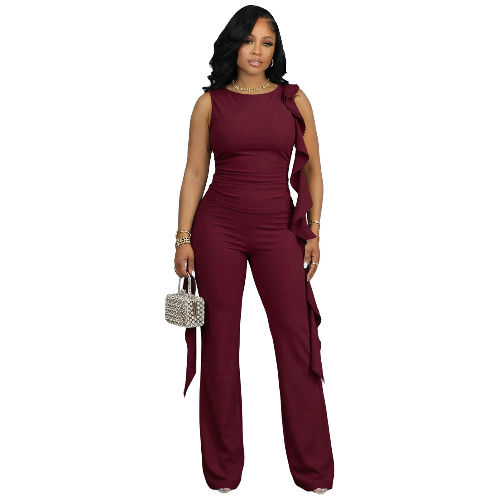 Lace-Up Ruffle Ruched Tank & Bell-Bottom Pants Set