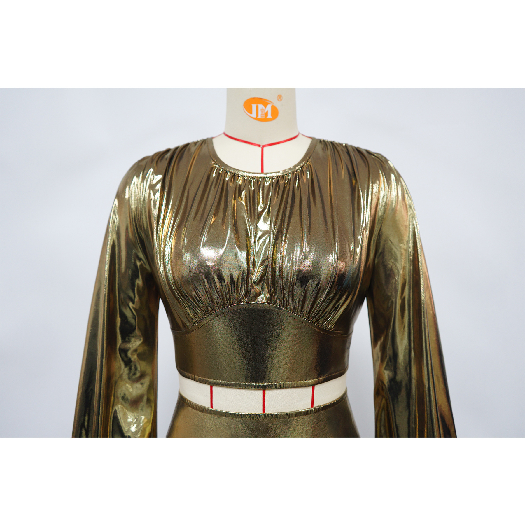 Women Round-Neck Lantern-Sleeve Slim-Waist Flared Skirt Set