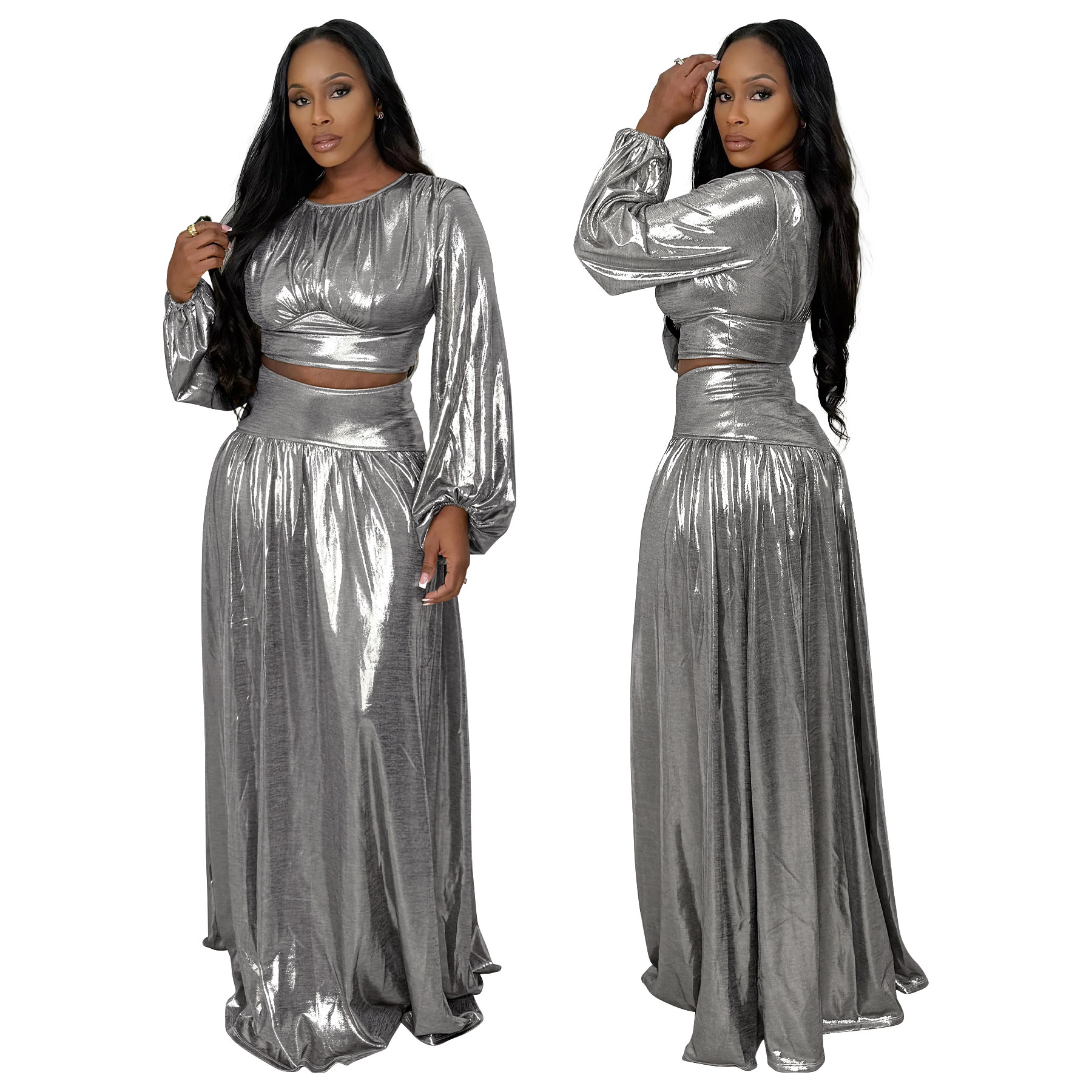 Women Round-Neck Lantern-Sleeve Slim-Waist Flared Skirt Set