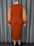Plus Size Women See-Through Ruffle-Sleeve Slim-Waist Bodycon Dress