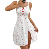 Women Heart-Print Slit Strap Nightdress Sleepwear Outdoor Wear