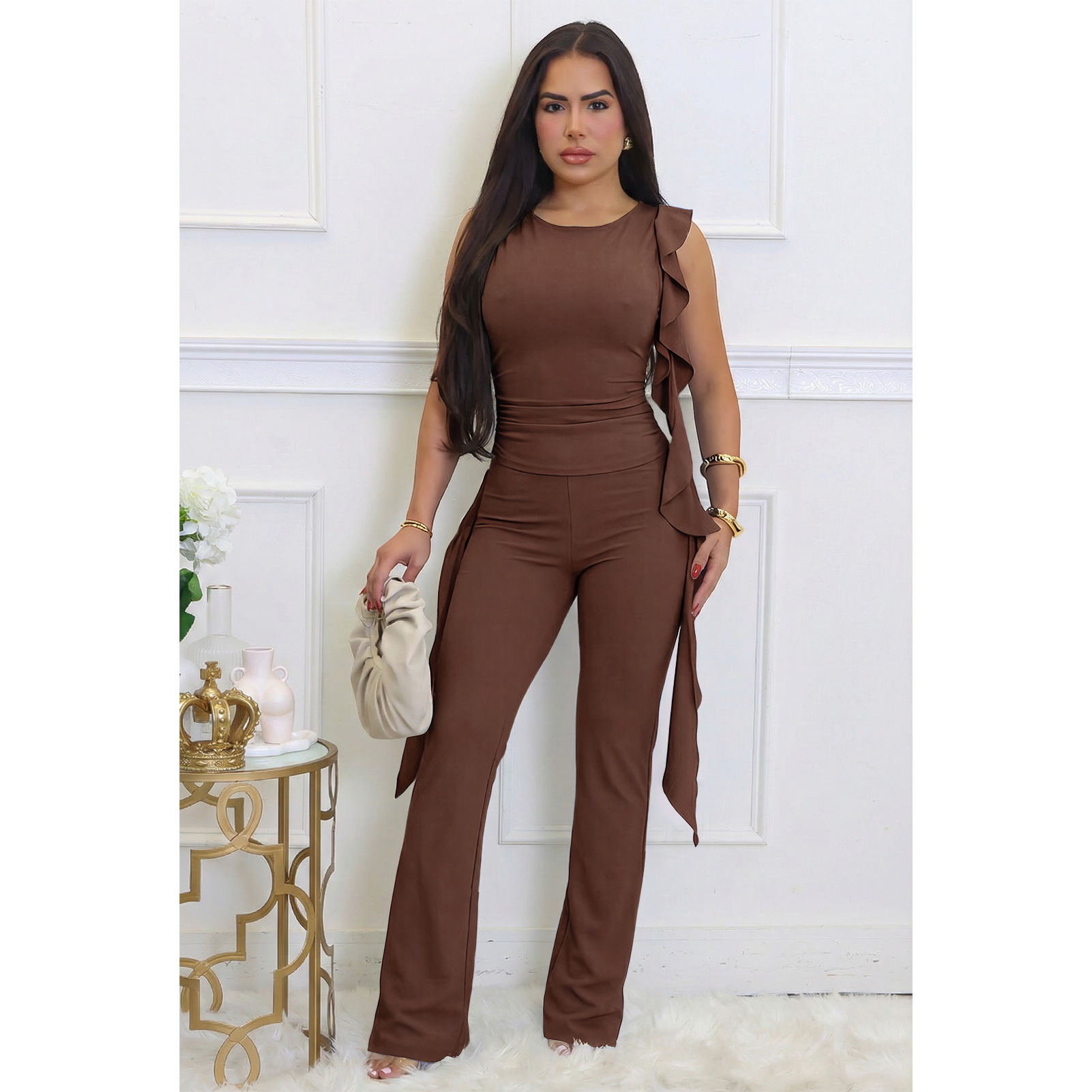 Lace-Up Ruffle Ruched Tank & Bell-Bottom Pants Set