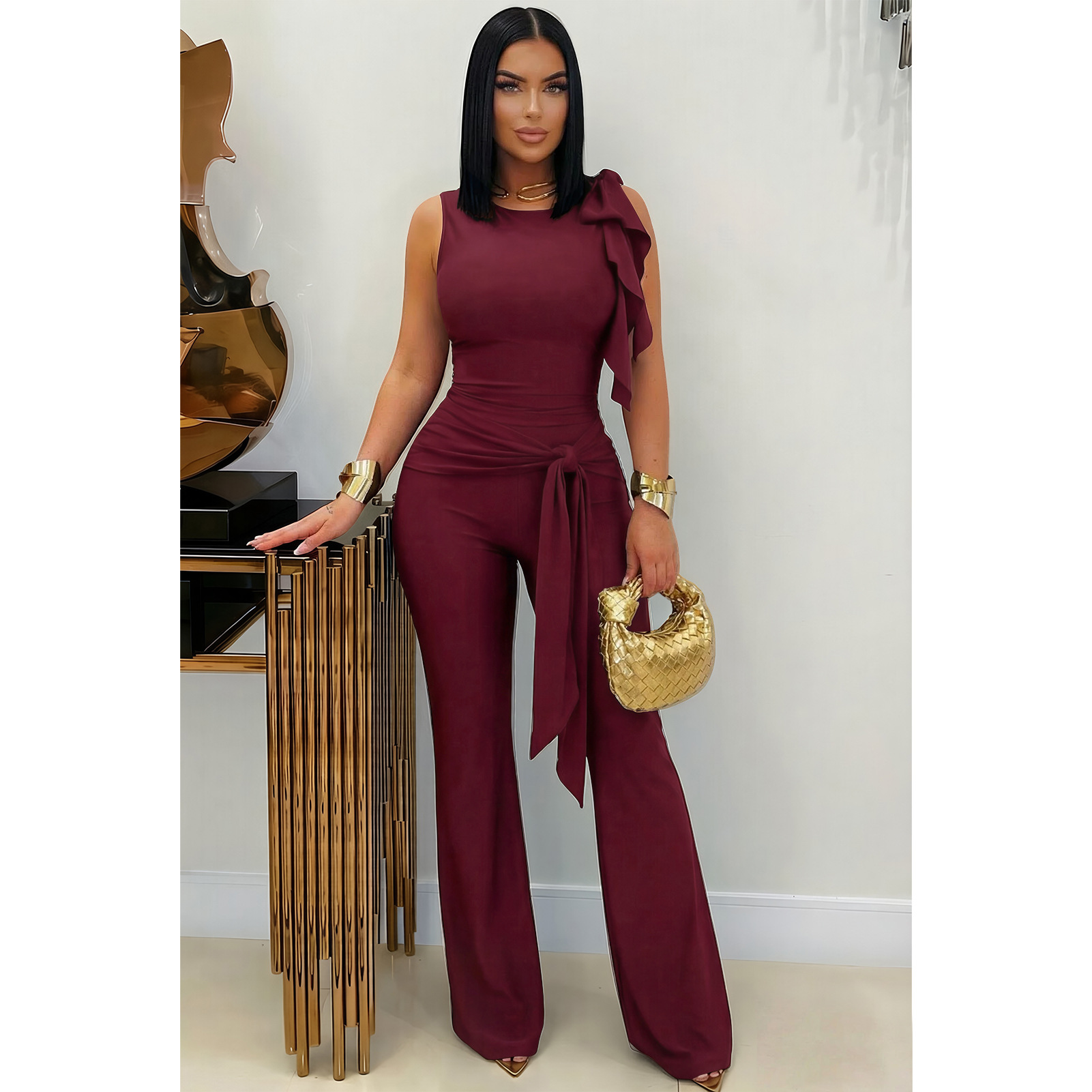 Lace-Up Ruffle Ruched Tank & Bell-Bottom Pants Set