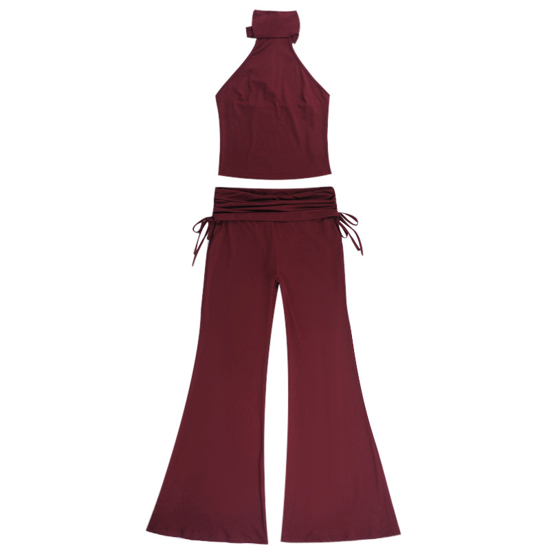 Women Halter Neck Sexy Low-Back Slim-Fit Top and Trousers Set