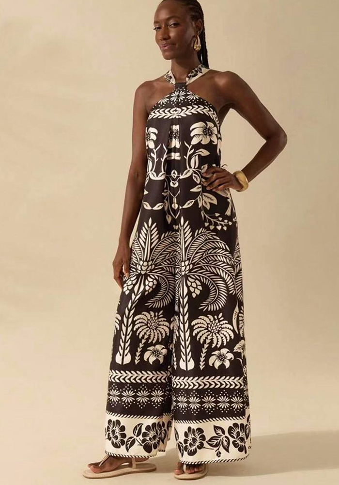 Women Printed Chic Halter Neck Sleeveless Wide-Leg Jumpsuit