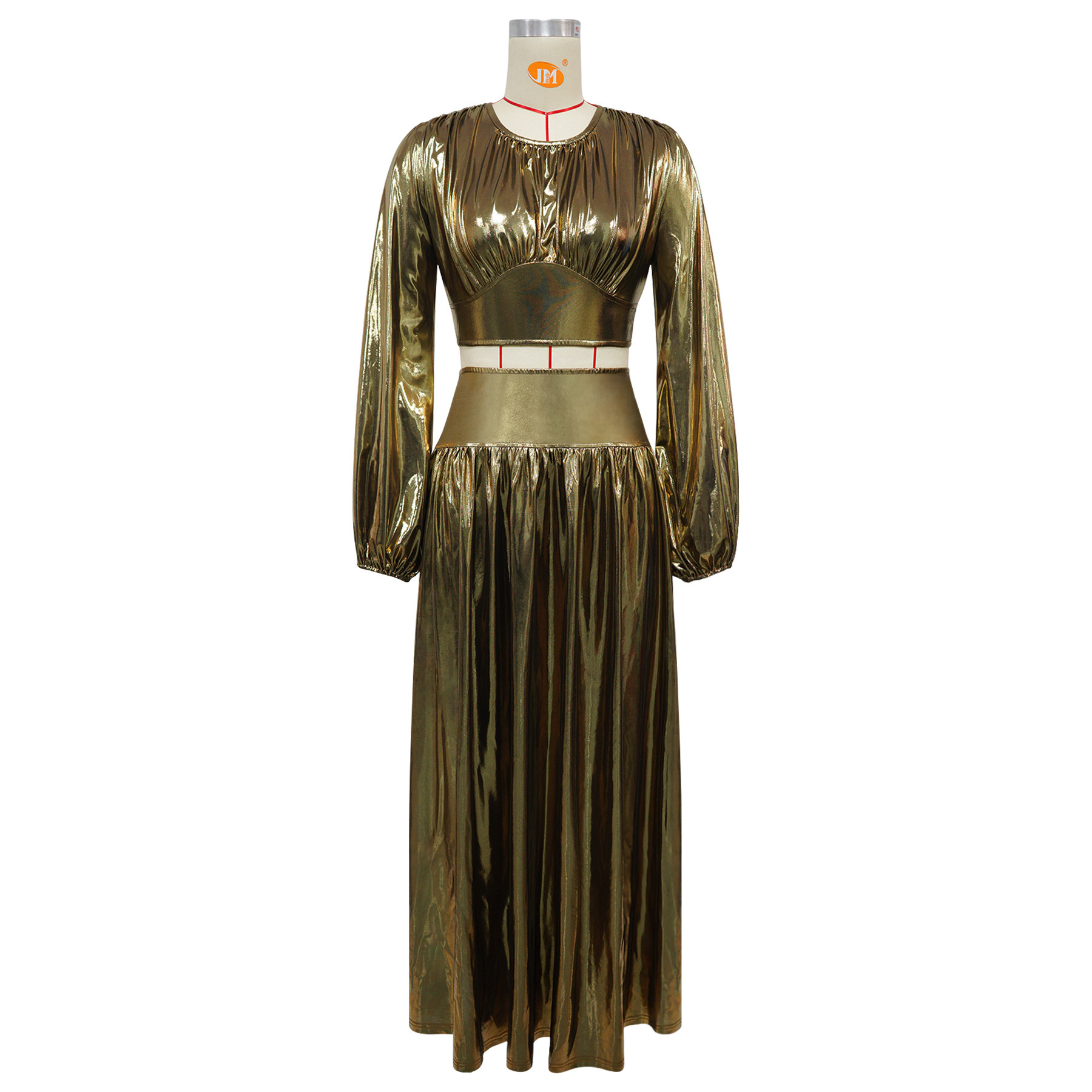 Women Round-Neck Lantern-Sleeve Slim-Waist Flared Skirt Set