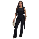 Women Lace-Up Ruffle-Edge Ruched Tank with Bell-Bottom Pants Set