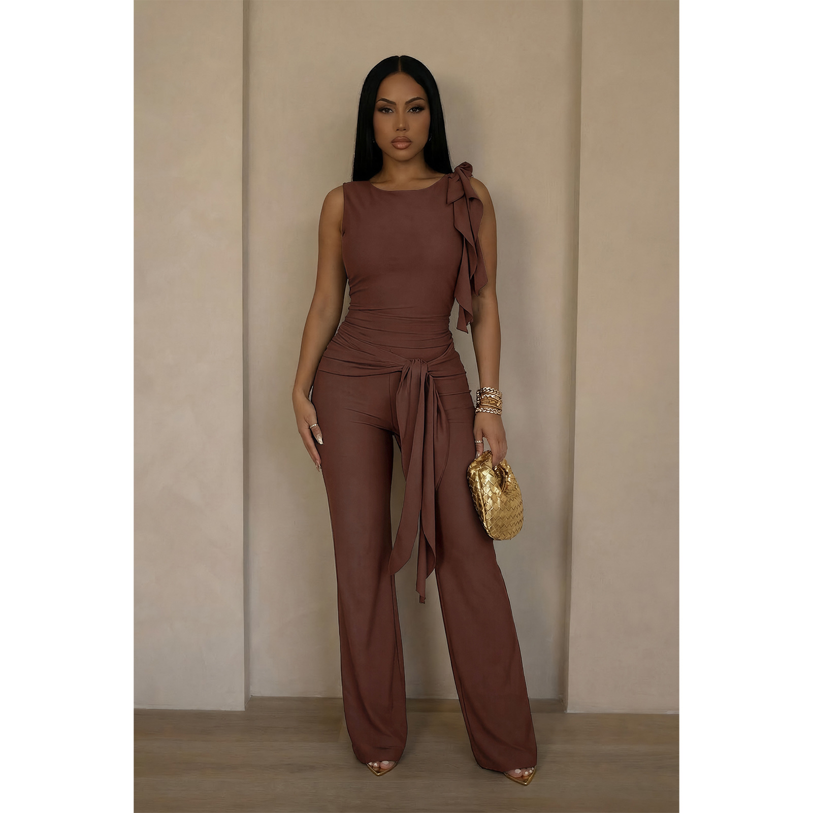Lace-Up Ruffle Ruched Tank & Bell-Bottom Pants Set