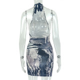 Women Printed Sleeveless Sexy Stand-Collar Colorblock Short Bodycon Dress