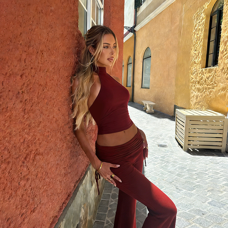 Women Halter Neck Sexy Low-Back Slim-Fit Top and Trousers Set