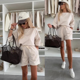 Women Casual Round Neck Short-Sleeve T-Shirt and Tie-Up Shorts Two-Piece Set