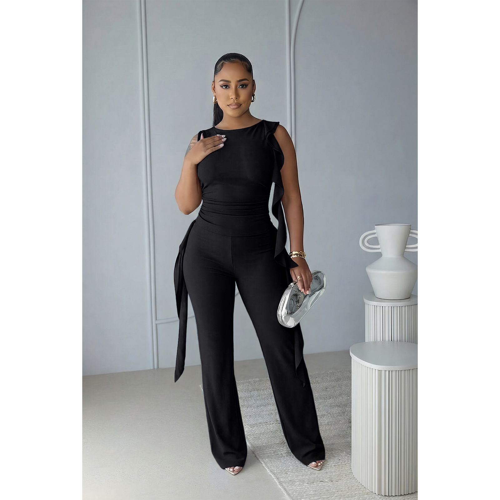 Lace-Up Ruffle Ruched Tank & Bell-Bottom Pants Set