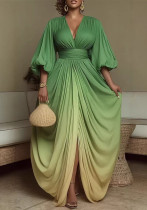 Summer Women V-Neck Printed Pleated Loose Slim-Fit Flared Dress