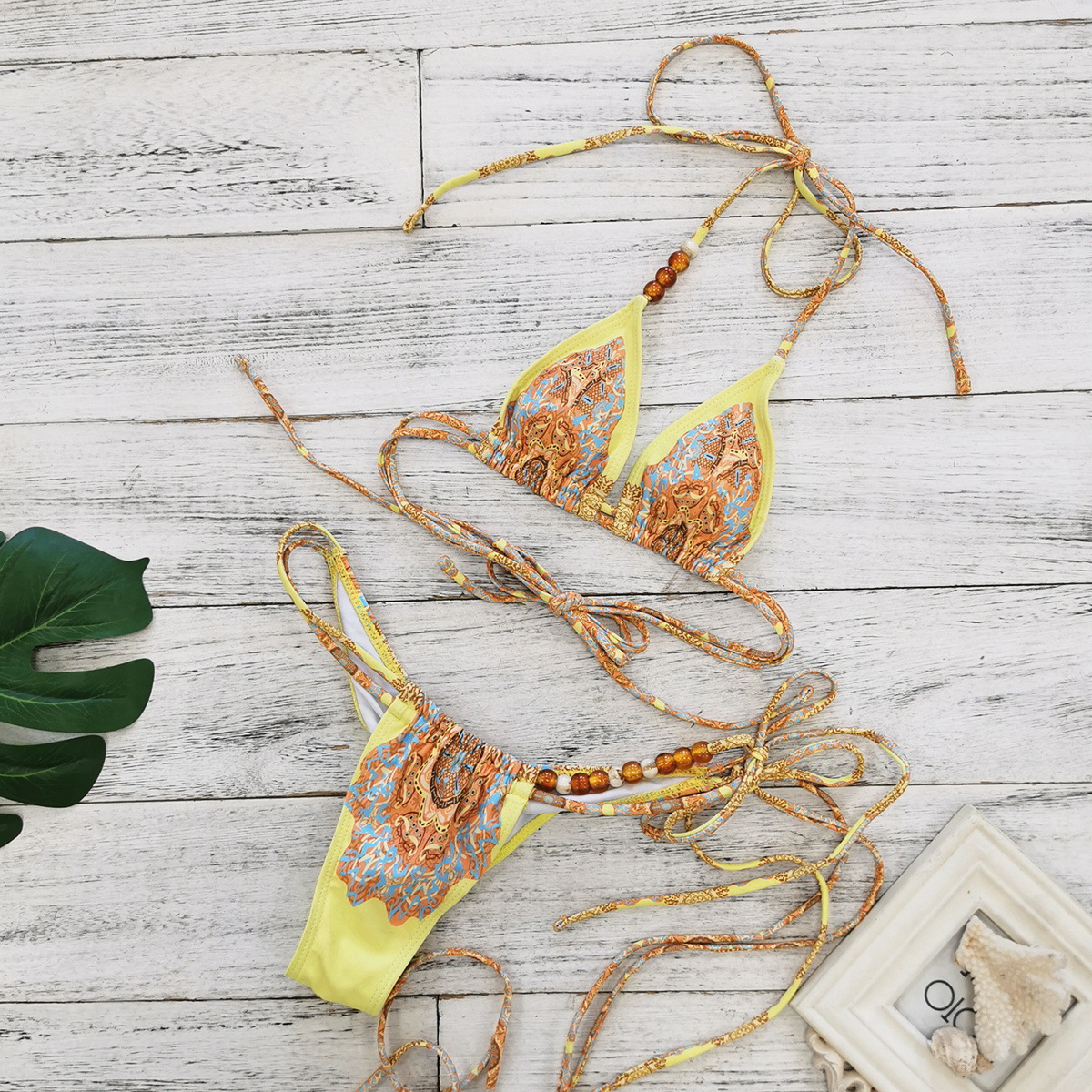 Women Printed Lace-Up Low-Back Sexy Two-Piece Bikini