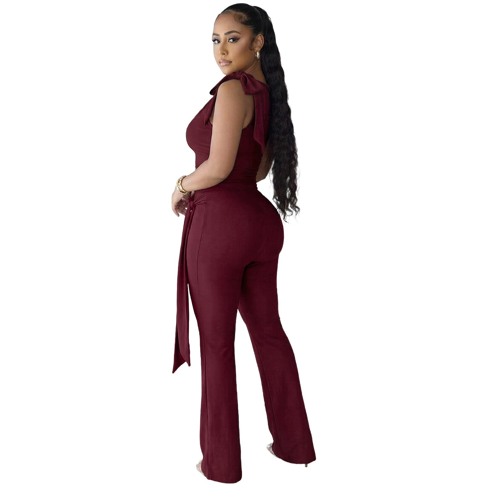 Lace-Up Ruffle Ruched Tank & Bell-Bottom Pants Set
