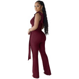 Women Lace-Up Ruffle-Edge Ruched Tank with Bell-Bottom Pants Set