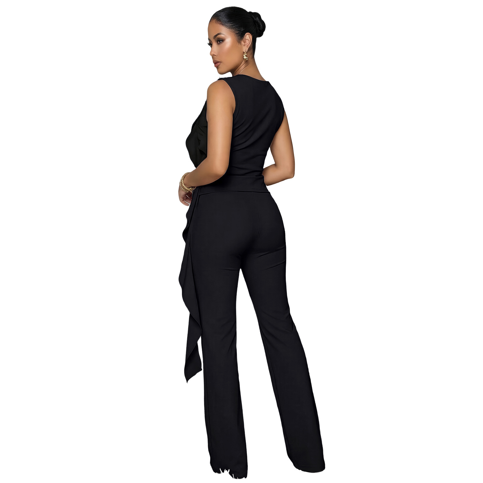 Lace-Up Ruffle Ruched Tank & Bell-Bottom Pants Set