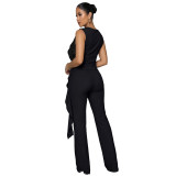 Women Lace-Up Ruffle-Edge Ruched Tank with Bell-Bottom Pants Set