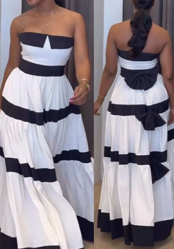 Women Summer Patchwork Striped Bow Colorblock Dress