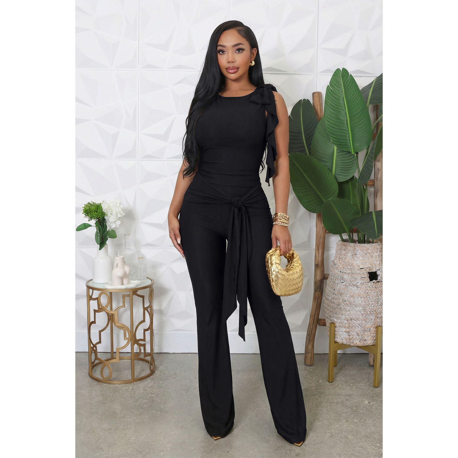 Lace-Up Ruffle Ruched Tank & Bell-Bottom Pants Set