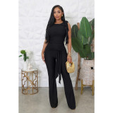 Women Lace-Up Ruffle-Edge Ruched Tank with Bell-Bottom Pants Set