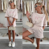Women Casual Striped Round Neck Short-Sleeve Top and Shorts Two-Piece Set