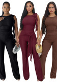 Women Lace-Up Ruffle-Edge Ruched Tank with Bell-Bottom Pants Set
