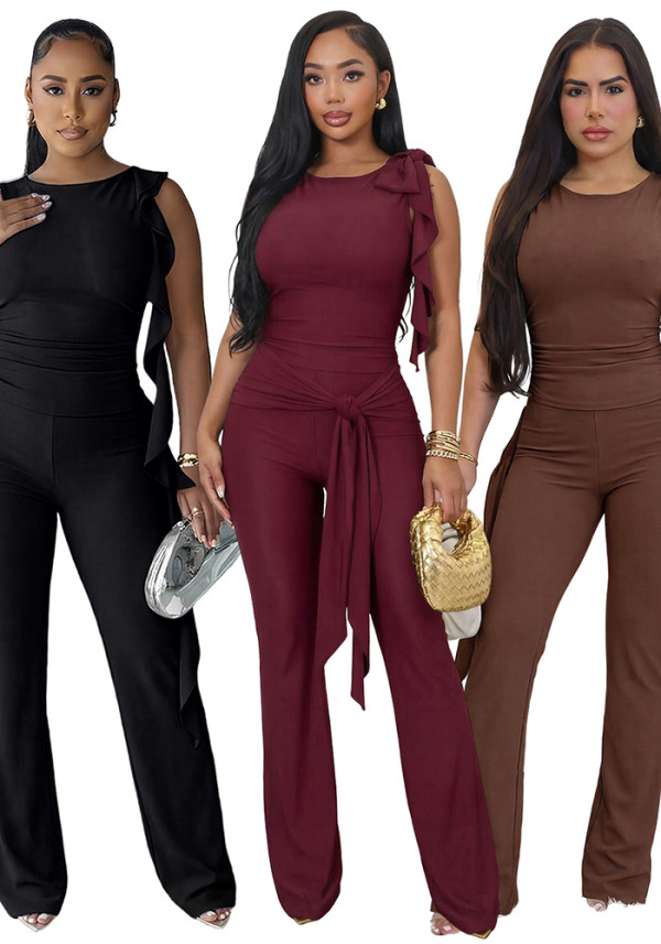 Women Lace-Up Ruffle-Edge Ruched Tank with Bell-Bottom Pants Set