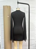 Women Round Neck Ribbed Pearl Chiffon Cape Bodycon Dress
