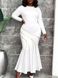 Plus Size Women White Long-Sleeve Colorblock Slim-Waist Mermaid Dress